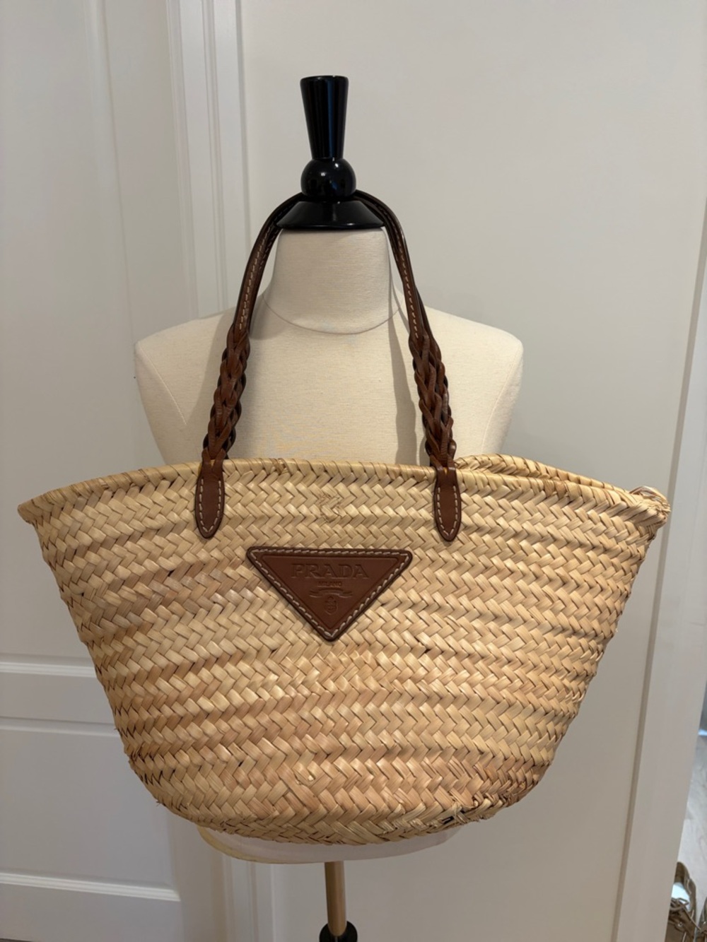 Prada Natural Straw Tote with Brown Braided Leather Handles